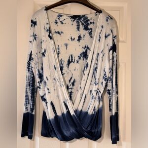 Tie-Dye Wrap Front Long Sleeve Top - Navy/White